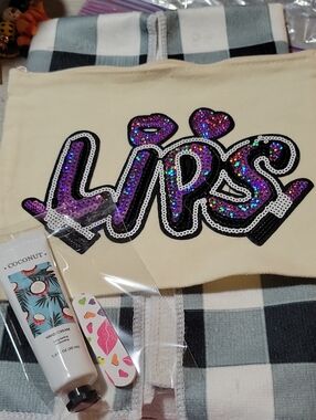 Handmade Sequin 'Lips' Patch Canvas Pouch - Cream with Purple Glitter